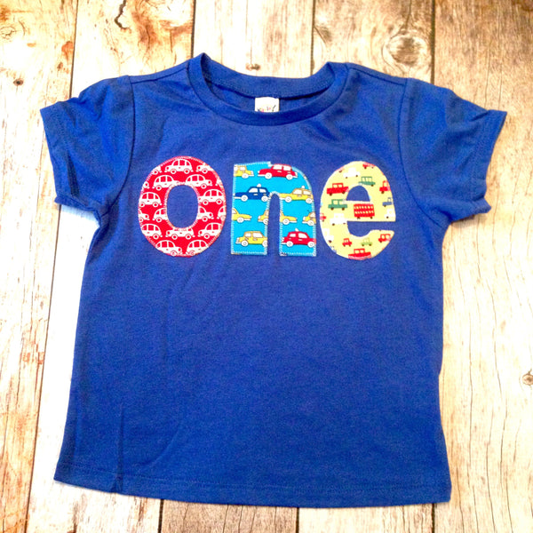 1 year old Cars blue first Birthday Shirt one cobalt red blue yellow cars trucks 1st primary