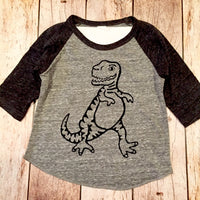 Tyrannosaurus Rex T. rex dinosaur boys charcoal and grey sports baseball raglan kids shirt