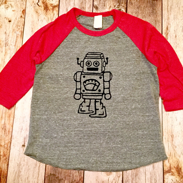 robot boys red and grey sports baseball raglan kids shirt