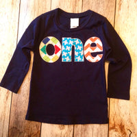Gingham with Long Sleeve Navy one Birthday Shirt - applique argyle, airplanes, chevron- Boys 1st Birthday
