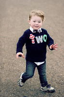 Navy two Birthday Shirt - long sleeves red, chevron, Pez, green circles- Boys 2nd Birthday- 2 year old cake and party theme