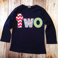 Navy two Birthday Shirt - long sleeves red, chevron, Pez, green circles- Boys 2nd Birthday- 2 year old cake and party theme