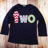 Navy two Birthday Shirt - long sleeves red, chevron, Pez, green circles- Boys 2nd Birthday- 2 year old cake and party theme