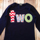 Navy two Birthday Shirt - long sleeves red, chevron, Pez, green circles- Boys 2nd Birthday- 2 year old cake and party theme