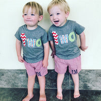 Fan Photo 2 twins Birthday Shirt two year old 2nd red chevron, pez and green circles short sleeves
