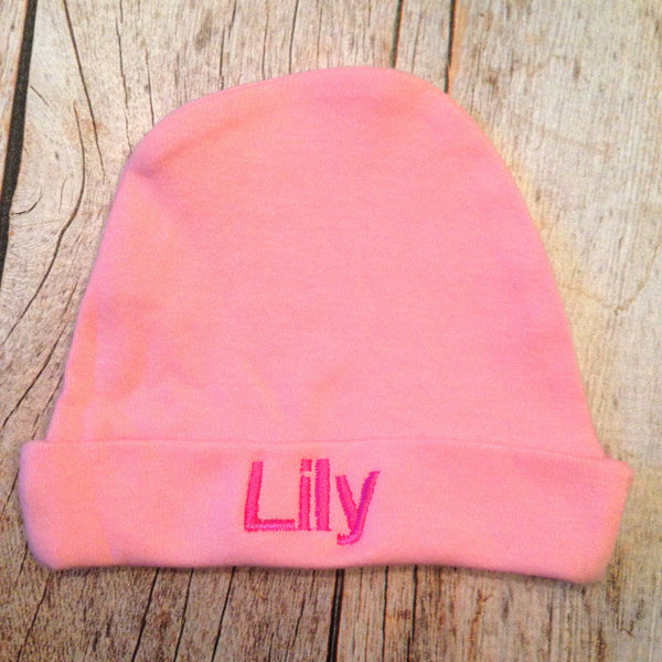 Pink block font Newborn Hospital Hat Personalized Name Beanie Cap Boy's Blue Girl's Pink on White infant baby Shower Party embroidery photo