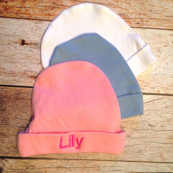 Blue pink white block font Newborn Hospital Hat Personalized Name Beanie Cap Boy's Blue Girl's Pink on White infant baby Shower Party embroidery photo