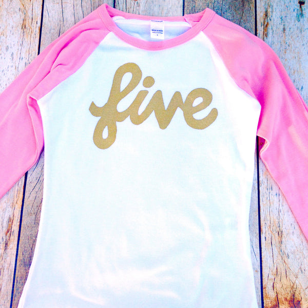 five long sleeve Pink and white baseball raglan with gold glitter girls 4th Birthday shirt sparkle four