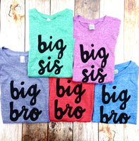 big bro or big sis sibling shirts for birth announcement hospital outfit with newborn Colors- red, blue, grey, mint, purple- boys girl kids shirt