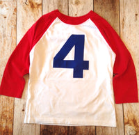 Red and white with navy 4 baseball raglan boys 4th birthday shirt with navy one kids birthday theme first party