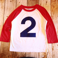 Red and white with navy 2 baseball raglan boys 2nd birthday shirt with navy one kids birthday theme first party