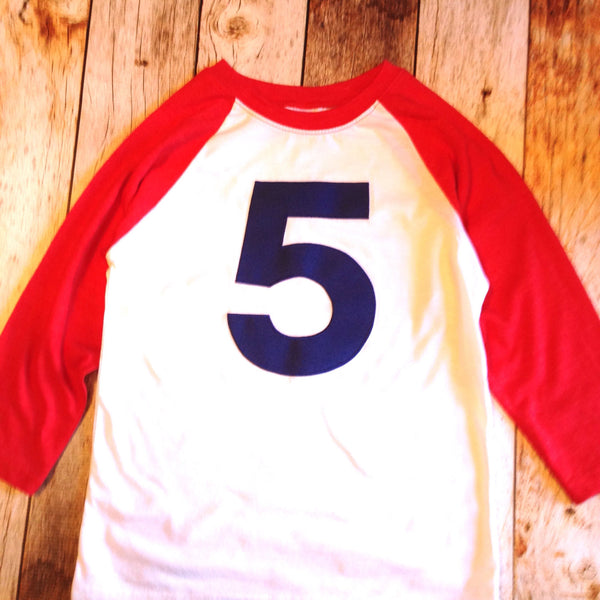 Red and white with navy 5 baseball sports raglan boys 5th birthday shirt with navy one kids birthday theme first party