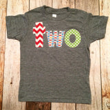 Fan Photo Birthday Shirt for 2 year old 2nd Birthday lowercase two with red chevron, pez and green circles