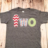 Fan Photo Birthday Shirt for 2 year old 2nd Birthday lowercase two with red chevron, pez and green circles