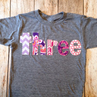 Purple pink birthday outfit 3 year old Girls 3rd Birthday shirt Three shirt with girly damask, flowers and modern prints in purple and pink