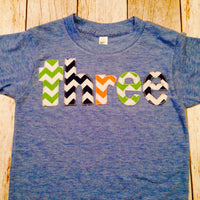 Birthday Shirt Athletic Blue Short Sleeves three in green, blue, yellow, red and orange letters