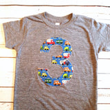 Cars trucks birthday shirt Any NUMBER on Birthday tShirt Birthday Shirt kids 1 2 3 4 5 6 7 8 9 triblend grey cars campers trucks on blue
