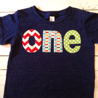 Ready to ship size 12/18 months triblend indigo one lowercase with chevron, pez and green circles for boys 1st Birthday Shirt