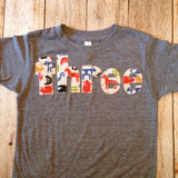 Three Farm Birthday Shirt- Boys 3rd Birthday TShirt  Tractors and Animals Cow Sheep Pig Chicken Rooster blue truck birthday outfit