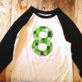 Mine pixel birthday shirt craft made black baseball raglan ANY NUMBER green 8 pixel video game Fabric Birthday Shirt 7th 8th 9th tnt 6 7 8 9