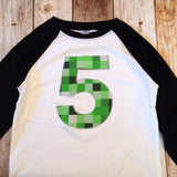 5 Mine pixel birthday shirt craft made black baseball raglan ANY NUMBER green 8 pixel video game Fabric Birthday Shirt 7th 8th 9th tnt 6 7 8