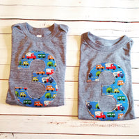 Cars trucks birthday shirt Any NUMBER on Birthday tShirt Birthday Shirt kids 1 2 3 4 5 6 7 8 9 triblend grey cars campers trucks on blue