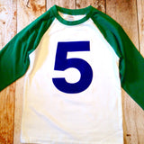 Any Number Kelly Green White 5th birthday shirt Baseball Raglan Navy blue number boys Birthday Shirt 1st 2nd 3rd 4th 5th 6th Any Birthday 1