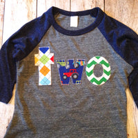 Farm Tractor Shirt Birthday navy grey Raglan Royal Blue Number two Birthday Number on Birthday Shirt cow truck animals 2 boys 2nd