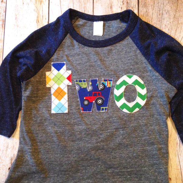 Farm Tractor Shirt Birthday navy grey Raglan Royal Blue Number two Birthday Number on Birthday Shirt cow truck animals 2 boys 2nd