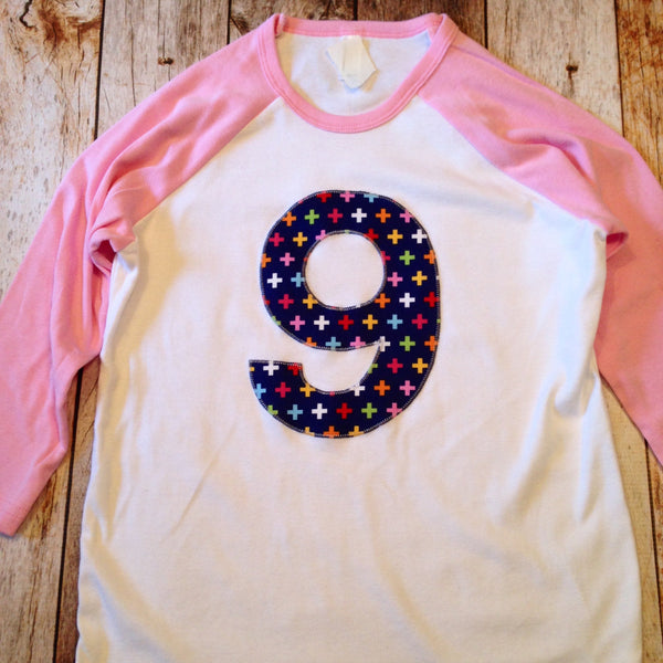 Nine 9th Pink white Navy Birthday Shirt ANY NUMBER sports baseball rainbow swiss cross fuchsia Raglan Birthday girls kids 1 2 3 4 5 6 7 8 9