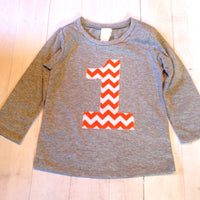 Dinosaur Orange Chevron Birthday Shirt Long Sleeve heather grey Biggie Chevron Number or Any Birthday 1 2 3 4 5 6 7 8 9 cotton 2nd two boys girl