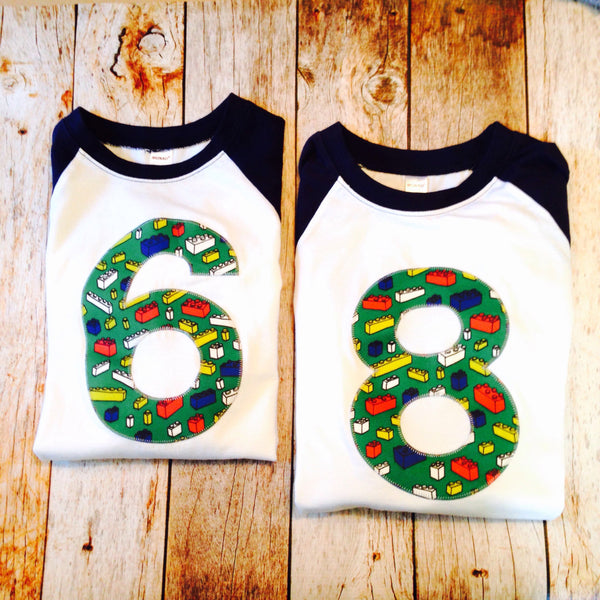 Building Bricks birthday shirt any number Fabric Birthday Shirt Navy and White Raglan sports jersey 5 6 7 8 9 year old birthday shirt green