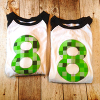 Mine pixel birthday shirt craft made black baseball raglan ANY NUMBER green 8 pixel video game Fabric Birthday Shirt 7th 8th 9th tnt 6 7 8 9