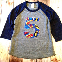 Navy and Grey Baseball Raglan Birthday 5 pow bang Birthday super hero cape Shirt Birthday shield fly man blue red yellow superhero boys