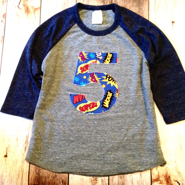 Navy and Grey Baseball Raglan Birthday 5 pow bang Birthday super hero cape Shirt Birthday shield fly man blue red yellow superhero boys