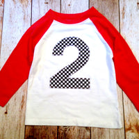 Race Car birthday shirt Checkered Flag Boys Birthday Shirt 3 on a Red and White Raglan 1st, 2nd, 3rd, 4th, 5th black checkers three year old