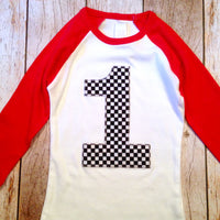 Race Car birthday shirt Checkered Flag Boys Birthday Shirt 3 on a Red and White Raglan 1st, 2nd, 3rd, 4th, 5th black checkers three year old