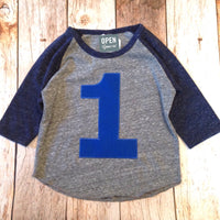 Heathered navy and grey Birthday Shirts Boys Birthday Shirt 1st Birthday First One Year Old Birthday 1 year old Birthday sports raglan