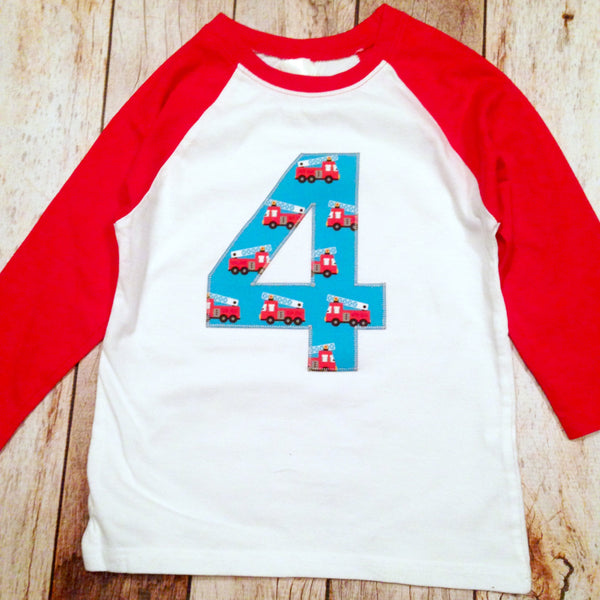 Fire Truck Boys Birthday Shirt 3 on a Red and White Raglan 1st, 2nd, 3rd, 4th, 5th