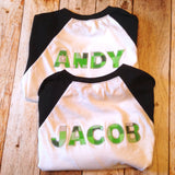 Big bro sis set Name on shirt personalized letters 8 pixel green Building bricks blocks boy Birthday outfit monogram custom letters craft