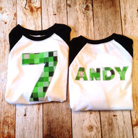 Big bro sis set Name on shirt personalized letters 8 pixel green Building bricks blocks boy Birthday outfit monogram custom letters craft