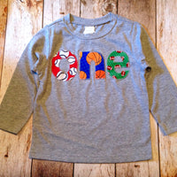 one boys 1st Birthday Shirt Boy Party sports football basketball baseball ball team first birthday 1 year old heather grey long sleeve