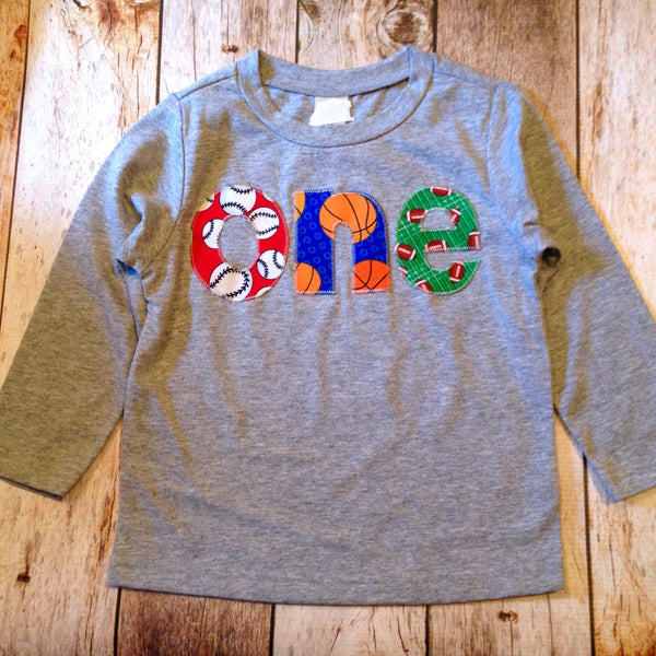 one boys 1st Birthday Shirt Boy Party sports football basketball baseball ball team first birthday 1 year old heather grey long sleeve