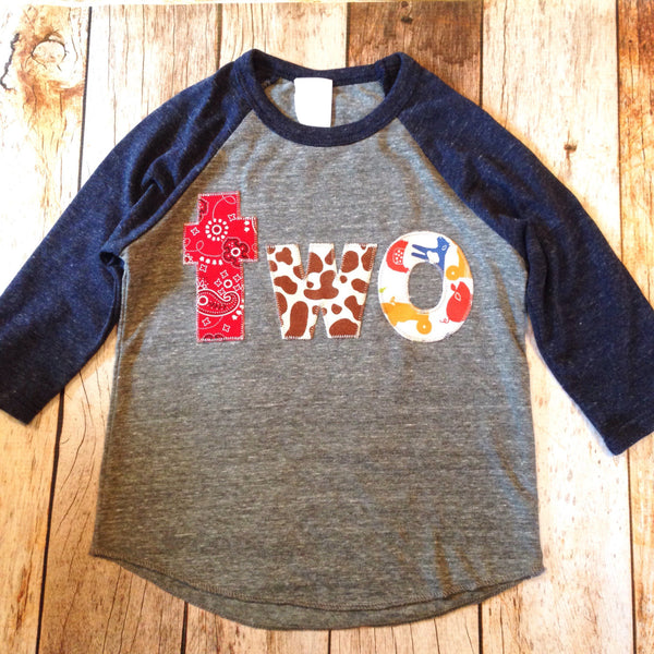 Farm barn birthday shirt Eco Heathered navy grey Boys 2nd second two Birthday 2 year old Birthday sports raglan cow print hide bandana horse