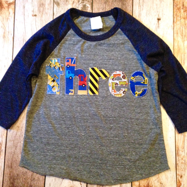 Construction Truck Birthday Shirt navy and grey Boys Birthday Shirt 3rd Birthday three Year Old  3 year old digger dumptruck dump loader