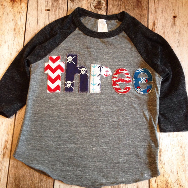 Pirate skulls Birthday Shirt charcoal and grey Boys Birthday Shirt 3rd Birthday three Year Old  3 year old sharks ship nautical anchor sea