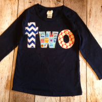 Ready to Ship size 24 months -one Birthday Shirt for boys 2nd Birthday navy long sleeve train shirt