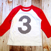 Race Car birthday shirt Checkered Flag Boys Birthday Shirt 3 on a Red and White Raglan 1st, 2nd, 3rd, 4th, 5th black checkers three year old