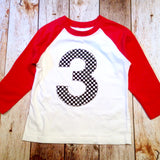 Race Car birthday shirt Checkered Flag Boys Birthday Shirt 3 on a Red and White Raglan 1st, 2nd, 3rd, 4th, 5th black checkers three year old