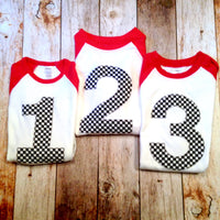 Race Car birthday shirt Checkered Flag Boys Birthday Shirt 3 on a Red and White Raglan 1st, 2nd, 3rd, 4th, 5th black checkers three year old